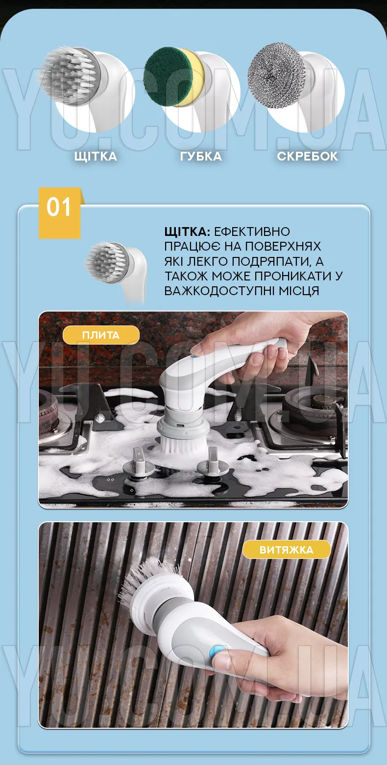 Щётка аккумуляторная для мытья посуды с насадками Electric cleaning brush